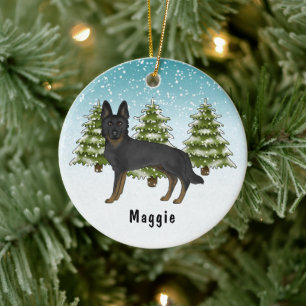Bi-Black German Shepherd Dog Blue Winter Forest Ceramic Tree Decoration