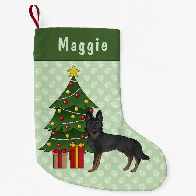 Bi-Black German Shepherd Dog Green Christmas Tree Small Christmas Stocking (Front)