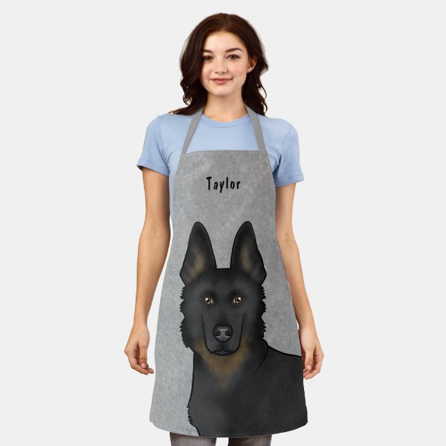 Bi-Black German Shepherd Dog Head And Name Grey Apron (Worn)