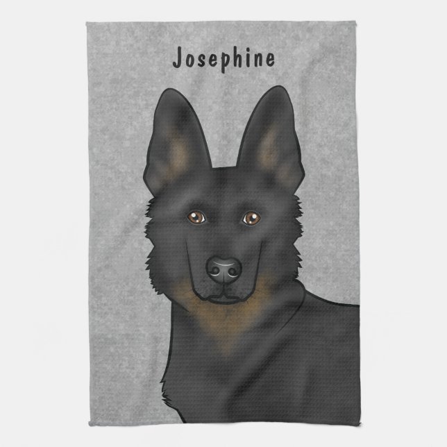 Bi-Black German Shepherd Dog Head And Name Grey Tea Towel (Vertical)