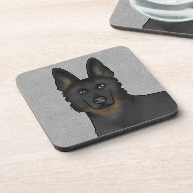 Bi-Black German Shepherd Dog Head Close-Up Grey Coaster (Left Side)