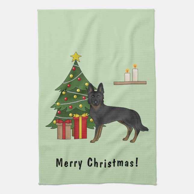 Bi-Black German Shepherd Festive Christmas Tree Tea Towel (Vertical)