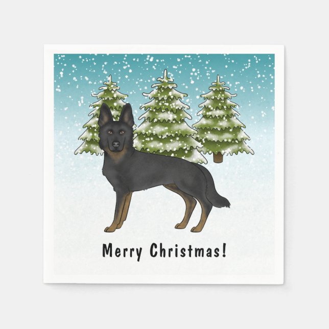Bi-Black German Shepherd Winter Forest With Text Napkin (Front)