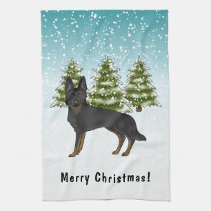 Bi-Black German Shepherd Winter Forest With Text Tea Towel