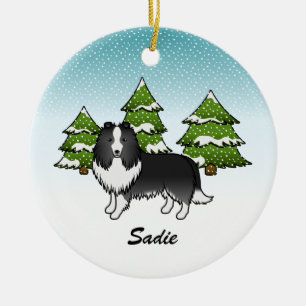 Bi-Black Sheltie Cartoon Dog In Winter & Name Ceramic Tree Decoration