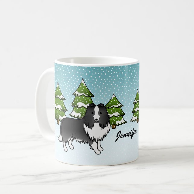 Bi-Black Sheltie Cartoon Dog In Winter & Name Coffee Mug (Front Left)