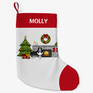 Bi-Black Sheltie Dog In A Christmas Room & Name Small Christmas Stocking