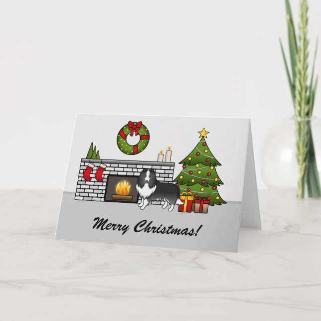 Bi-Black Sheltie Dog In A Christmas Room & Text Card (Front)