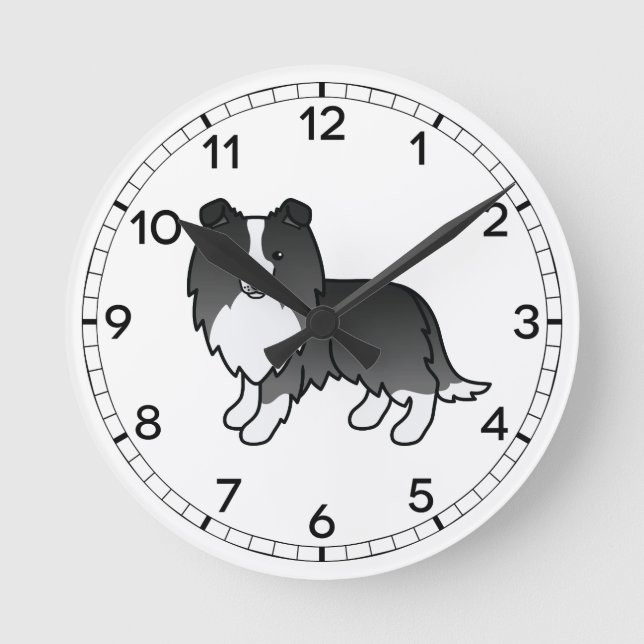 Bi-Black Shetland Sheepdog Cartoon Dog Drawing Round Clock (Front)