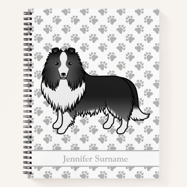 Bi-Black Shetland Sheepdog Cartoon Dog & Name Notebook (Front)
