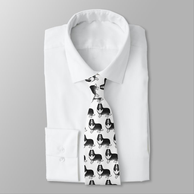 Bi-Black Shetland Sheepdog Cartoon Dog Pattern Tie (Tied)