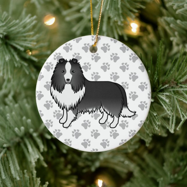Bi-Black Shetland Sheepdog Cartoon Dog & Paws Ceramic Tree Decoration (Tree)