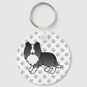 Bi-Black Shetland Sheepdog Cartoon Dog & Paws Key Ring