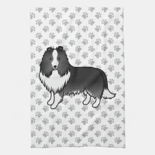 Bi-Black Shetland Sheepdog Cartoon Dog & Paws Tea Towel
