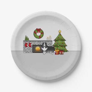 Bi-Black Shetland Sheepdog Dog In A Christmas Room Paper Plate