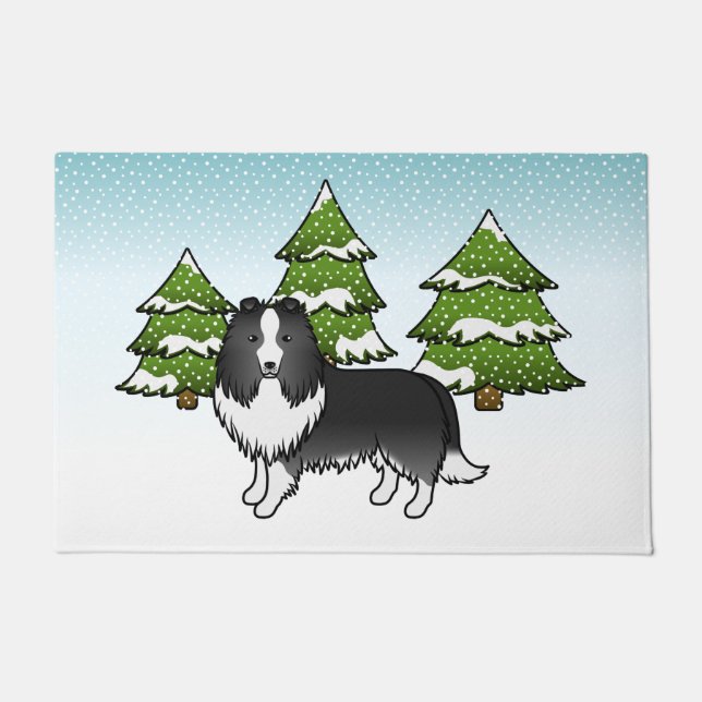 Bi-Black Shetland Sheepdog In A Winter Forest Doormat (Front)