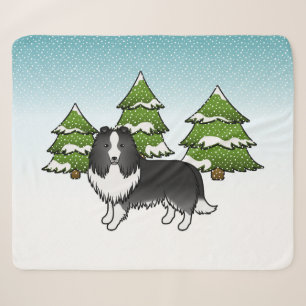 Bi-Black Shetland Sheepdog In A Winter Forest Sherpa Blanket