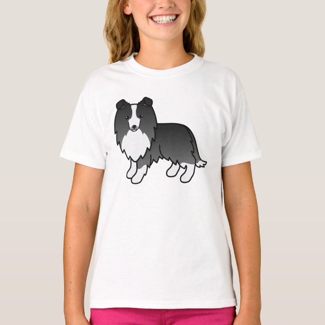 Bi-Black Shetland Sheepdog Sheltie Cartoon Dog T-Shirt (Front)