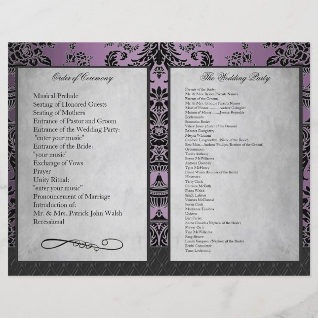 Bi Fold Purple Damask Wedding Ceremony Programs (Front)