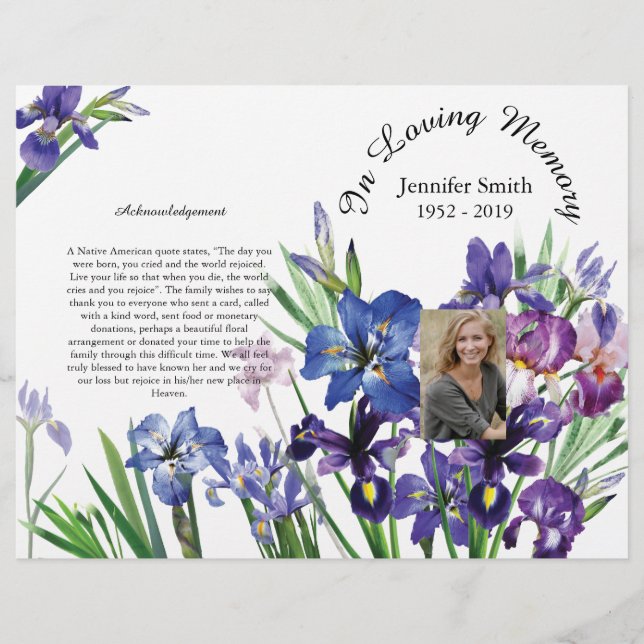 Bi-Fold Purple Irises Funeral Program Flyer (Front)