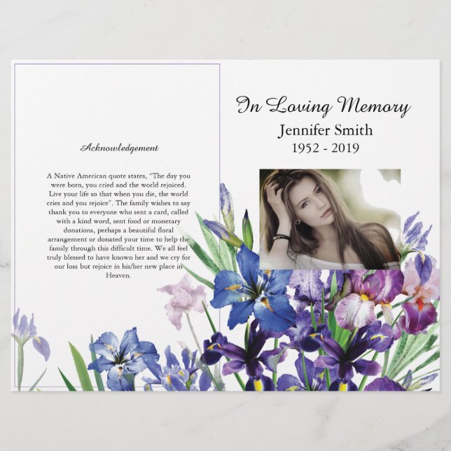 Bi-Fold Purple Irises Funeral Program Flyer (Front)