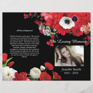 Bi-Fold Red Flowers Black Funeral Program Flyer