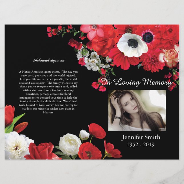 Bi-Fold Red Flowers Black Funeral Program Flyer (Front)