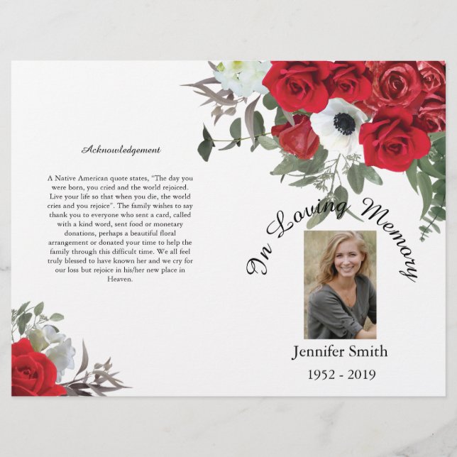 Bi-Fold Red Roses Funeral Program Flyer (Front)