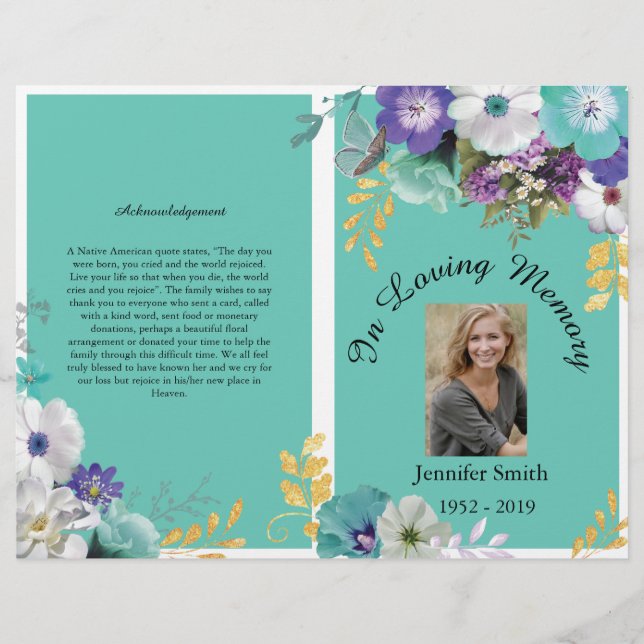 Bi-Fold Teal Lavender Butterfly Funeral Program Flyer (Front)
