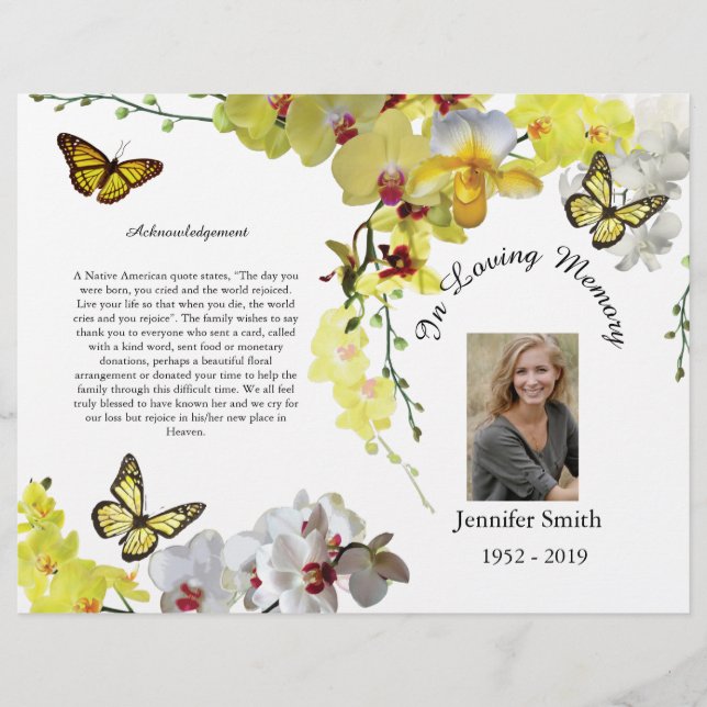 Bi-Fold Yellow Orchids Butterfly Funeral Program Flyer (Front)