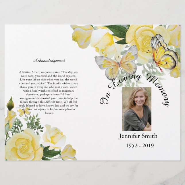 Bi-Fold Yellow Roses Butterfly Funeral Program Flyer (Front)