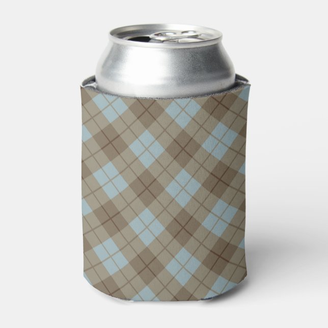 Bias Plaid in Blue and Brown Can Cooler (Can Front)