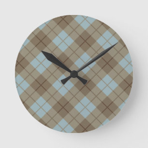 Bias Plaid in Blue and Brown Round Clock