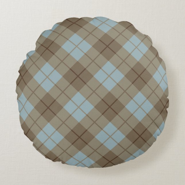 Bias Plaid in Blue and Brown Round Cushion (Front)