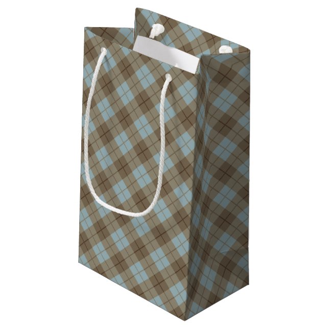 Bias Plaid in Blue and Brown Small Gift Bag (Back Angled)