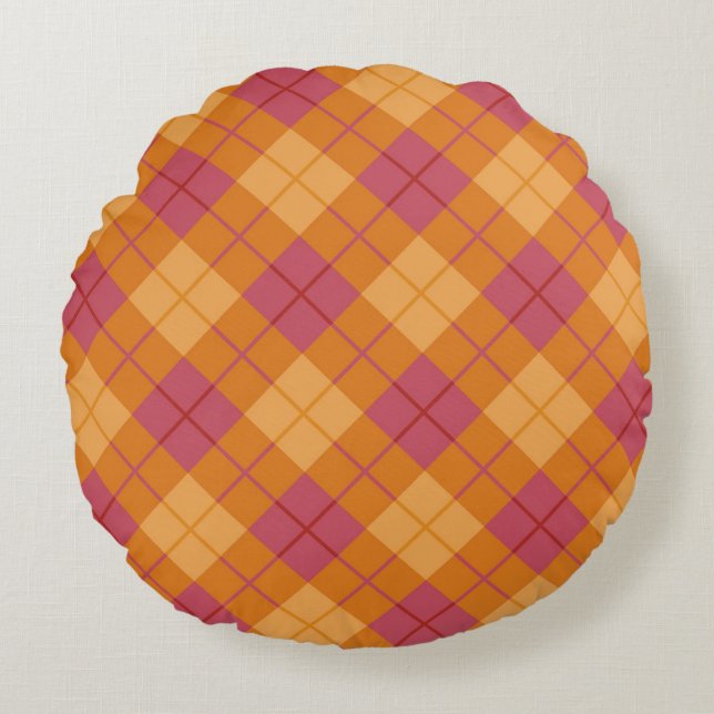 Bias Plaid in Orange and Pink Round Cushion (Front)