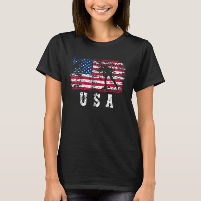 Biathlon Skiing USA American Flag Winter Sports Bi T-Shirt (Front)