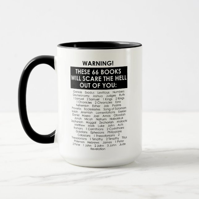 Bible Book List Scare Hell Out Funny Christian Mug (Left)