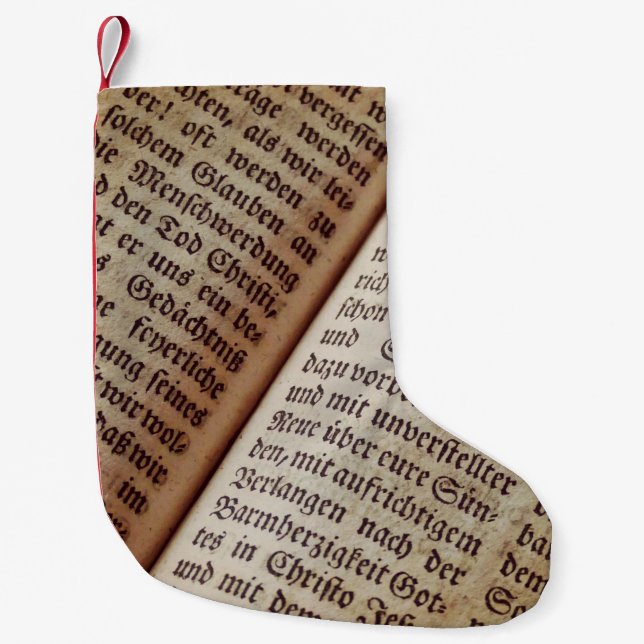 Bible book page writing texture small christmas stocking (Front)
