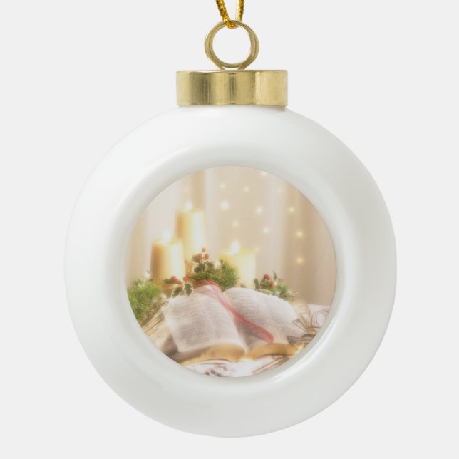 Bible, Candles and Holly - Ceramic Ball Christmas Ornament (Front)