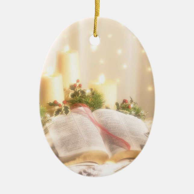 Bible, Candles and Holly - Ceramic Tree Decoration (Front)