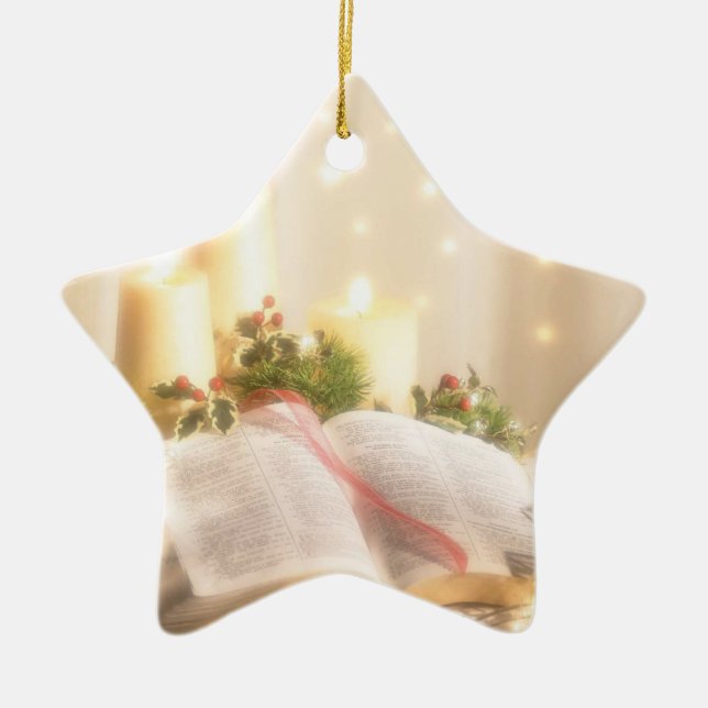 Bible, Candles and Holly - Ceramic Tree Decoration (Front)