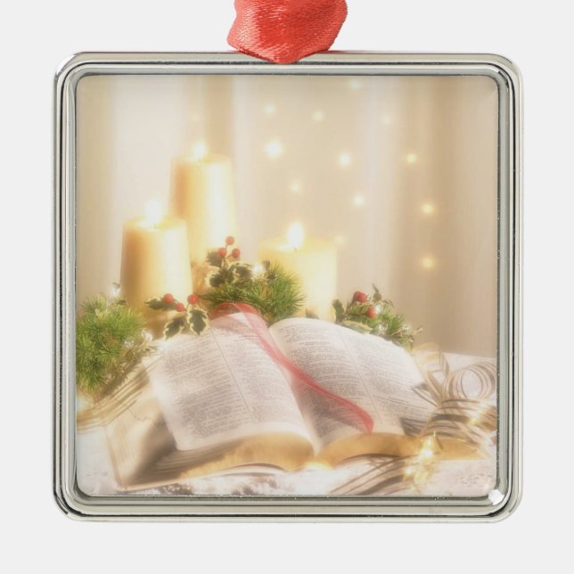 Bible, Candles and Holly - Metal Tree Decoration (Front)