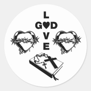 bible cross rosary necklaces sacred heart art classic round sticker