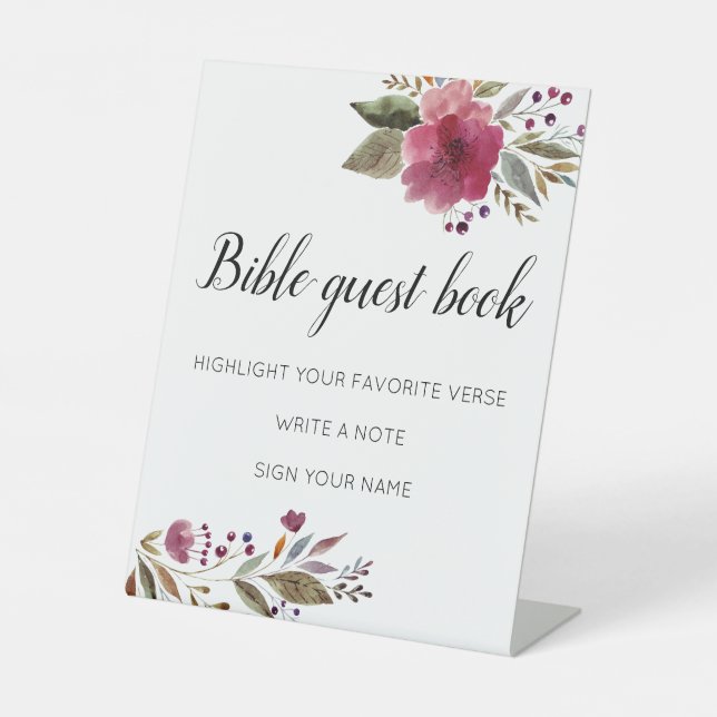 Bible Guest Book Burgundy Floral Wedding Pedestal Sign (Front)