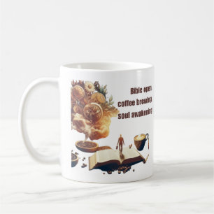 Bible open, coffee brewing, soul awakening mug