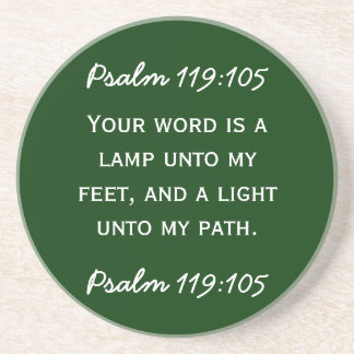 Bible passage Psalm 119:105 in white text. Coaster