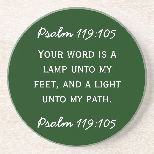 Bible passage Psalm 119:105 in white text. Coaster (Front)