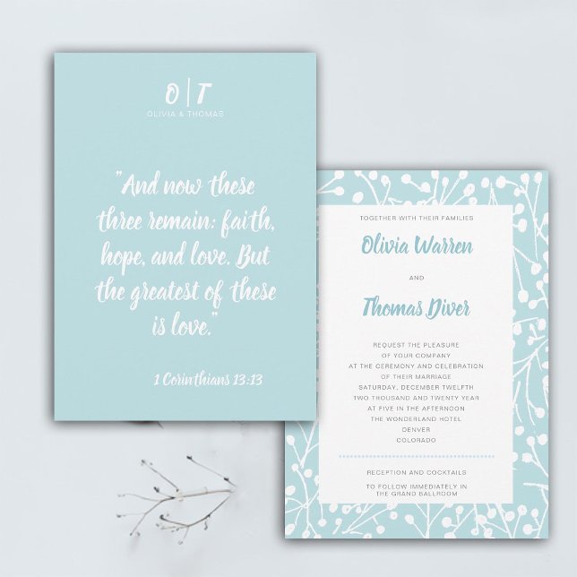 Bible Quote Winter Blue Berries Elegant Wedding Invitation (bible quote winter wedding invitation botanical frame snow berries elegant modern classic monograms)