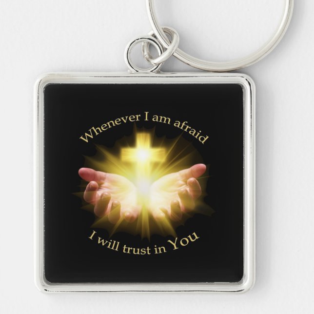 Bible quote with hands holding Cross Key Ring (Front)